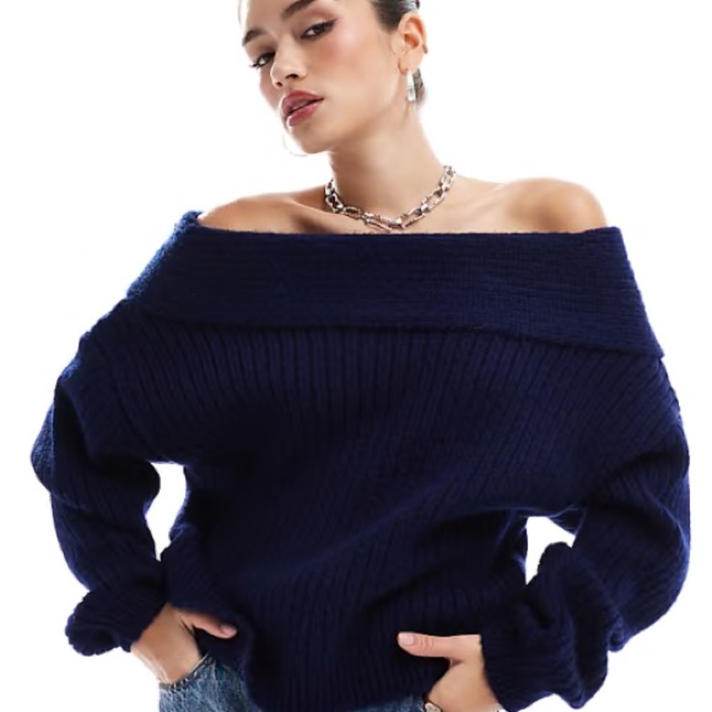 ASOS Off-Shoulder Navy Sweater